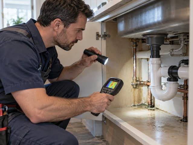 Plumber inspecting plumbing for hidden water leaks
