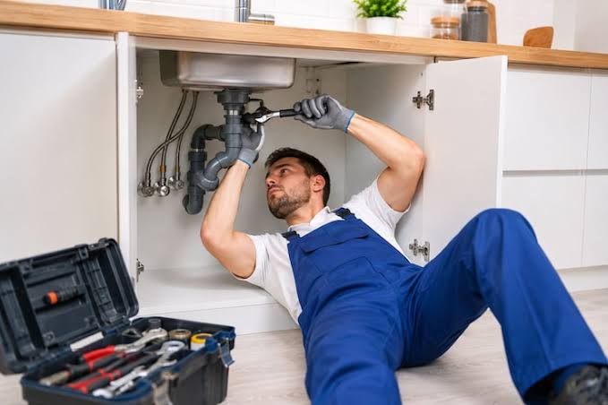 Plumber repairing pipes beneath a kitchen sink